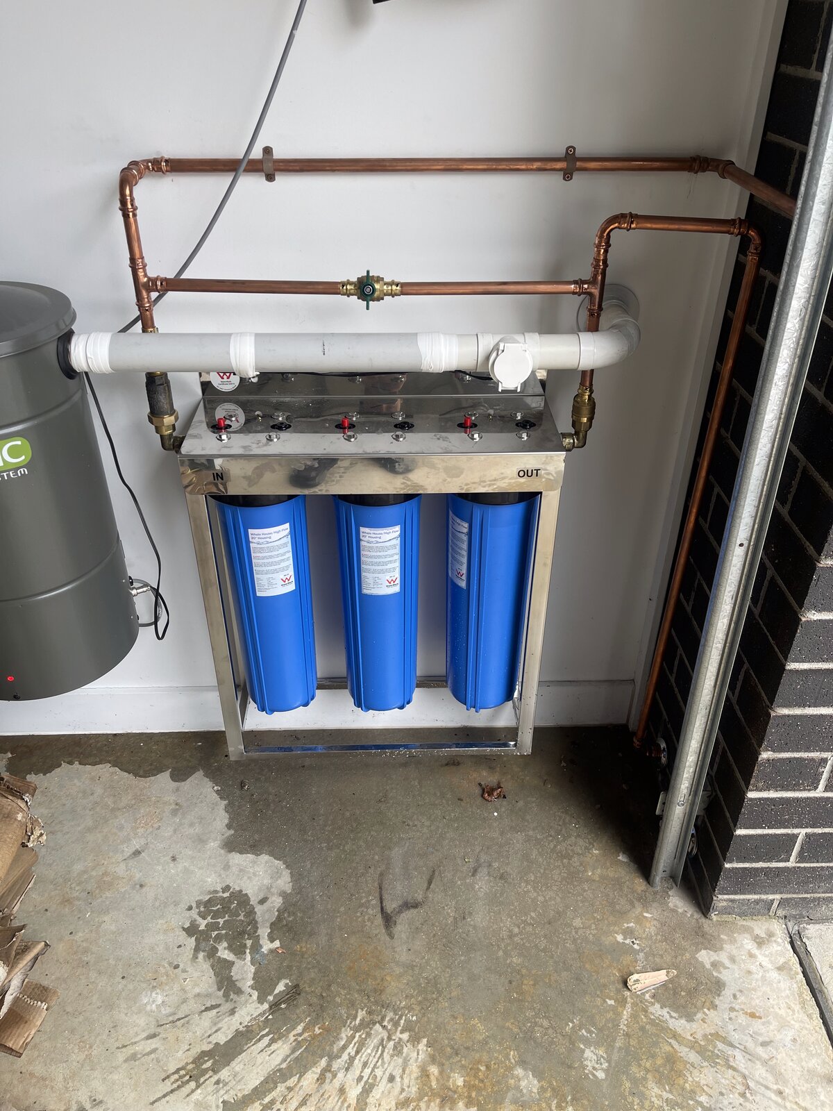 3-stage Big Blue whole house water filtration system installed in Doncaster garage